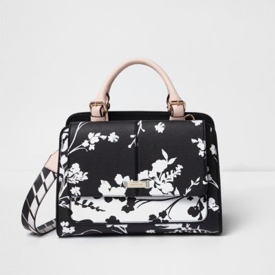 White and black floral cross body tote bag